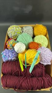 lot 76 image: Yarn and Crochet Hook Lot Multi-Color Assorted Skeins