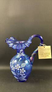 lot 79 image: Fenton Authentic Reproduction Carnival Glass Hand Painted Pitcher Approximately 10 inches tall