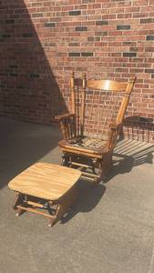lot 108 image: Wood Glider Rocker with Ottoman Glides Great & Comfortable