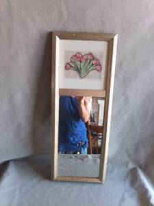 lot 122 image: Framed Mirror with Floral Print and Wood Divider