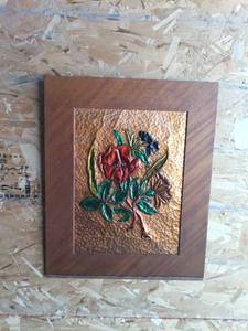 lot 142 image: Floral Wall Art Panel with Hammered Copper Center and Wood Frame