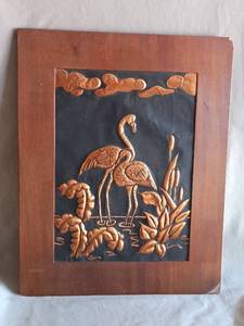 lot 143 image: Relief Wall Plaque with Cranes and Botanicals on Wood Frame