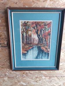 lot 144 image: Framed Watercolor Landscape Painting Stream Forest Scene Signed