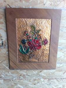 lot 145 image: Marro Floral Wall Art Embossed Copper Panel with Wood Frame