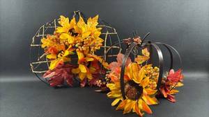 lot 83 image: Fall Floral Arrangements with Wire and Metal Pumpkins with Yellow Sunflowers