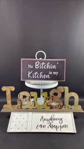 lot 172 image: Two-Tier Metal Decorative Stand, Wooden Lettering, Sentiment Sign and Dresser Tray