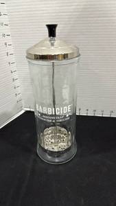 lot 1034 image: Barbicide Glass Disinfectant jar 12 inches tall