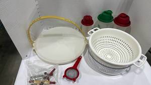 lot 1080 image: Relish container with handle, kids utensils, strainers and shaker cups