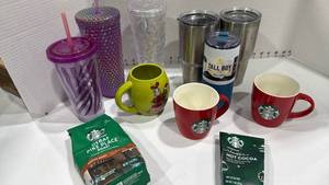lot 1085 image: 2 Yeti tumblers, tumblers, Starbucks mugs, coffee, cocoa and more