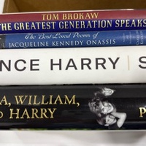 lot 1122 image: James Patterson royalty book, Prince Harry,Jacqueline Kennedy and Tom Brokaw hardback books