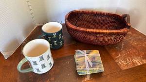 lot 2008 image: Basket, acrylic coasters new and 2 large coffee cups new