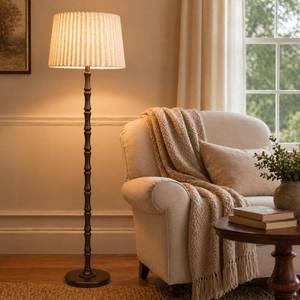 lot 5503 image: Real Wood Floor Lamp with Dual Lampshades - Sculptural Spindle, Foot Switch