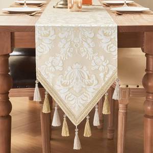 lot 5585 image: Loom and Mill Elegant Jacquard Table Runner 72 inches Long, BeigeWhite