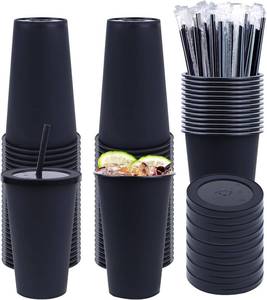 lot 5599 image: 50 Pack Black Plastic Cups with Lids and Straws, 16oz Tumblers