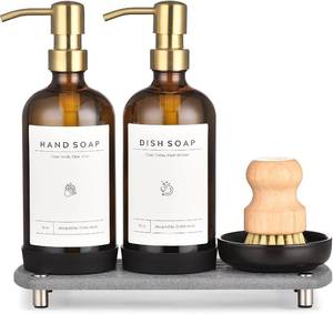 lot 5609 image: Luxury Kitchen Soap Dispenser Set, 16 oz Amber Glass, SS Pump, Tray