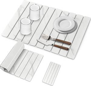 lot 5640 image: Stone Dish Drying Mat for Kitchen Counter, Foldable, White Marble 24x16&8x4