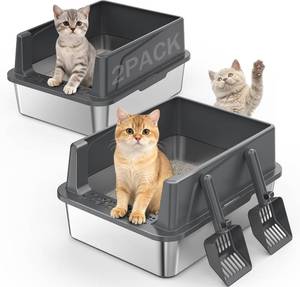 lot 5642 image: 2PACK Stainless Steel Cat Litter Box with Lid, Pan, Non-Stick, Scoop