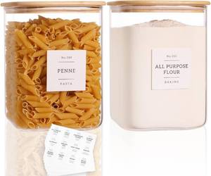 lot 5652 image: 2 Pack Square Glass Flour & Sugar Containers with 132 Labels, 120 FL oz Jars