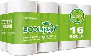 lot 5704 image: ECOLipak Bamboo Toilet Paper, Septic Safe, 16 Rolls, 320 SheetsRoll, 2-Ply  Missing 3 