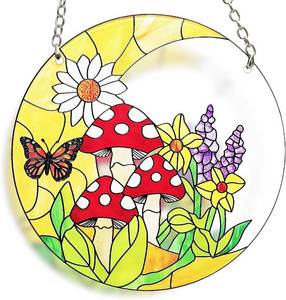 lot 5730 image: Mushroom Moon Stained Glass Suncatcher - Home Decor, Plant Lover Gifts