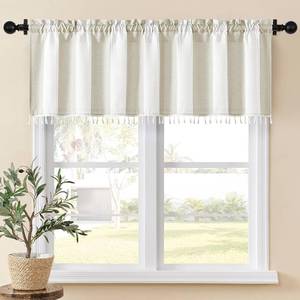 lot 5745 image: Home Queen Boho Striped Linen Window Curtain Valance with Tassel, 54W x 18L