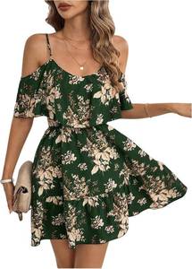 lot 5748 image: SOLY HUX Womens Summer Floral Mini Dress Cold Shoulder Ruffle Dresses M