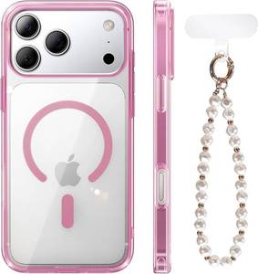 lot 5855 image: for iPhone 17 Pro Max Case Clear with Pearl Strap, Pink