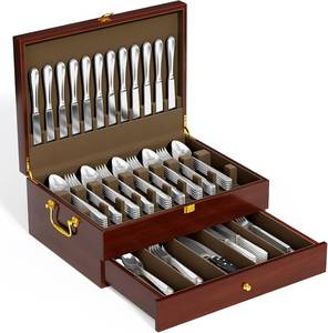 lot 5553 image: Sueuapp Walnut Silverware Storage Box with Felt Lining, 12-Set Utensils Case