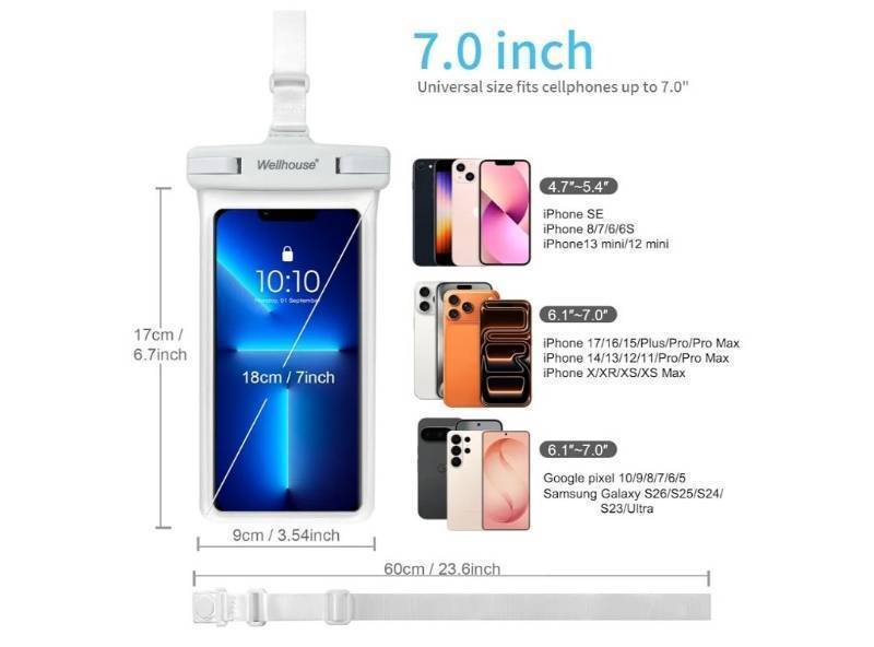 lot 17313 image: wellhouse Waterproof Phone Pouch, Waterproof Phone Case for iPhone 16 15 14 13 12 Pro Max XS Samsung, IPX8 3D Cellphone Dry Bag Beach Essentials (1 Pack - White7.0, 7 inch) - Retail $10