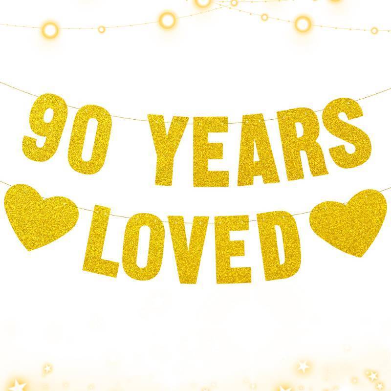 lot 18268 image: Pre-Strung 90th Birthday Decorations for Women & Men Gold Glitter 90 Years Loved Birthday Banner Happy 90th Bunting Sign Milestone Birthday Party Decorations - Retail $7
