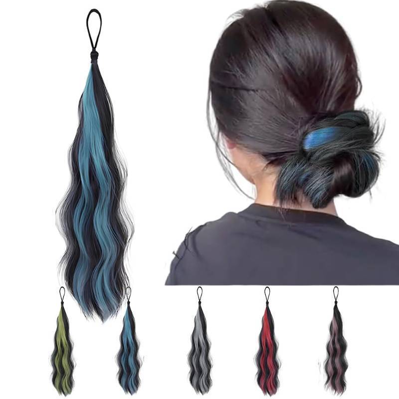 lot 18280 image: Faux Wig Ponytail Elastic Rope Rings,Long Wavy Ponytail Highlights Extension Elastic Hair Band Holders for Women Party Daily Costumes Used,17.5 Inches (Dark Brown Highlights Blue) - Retail $9