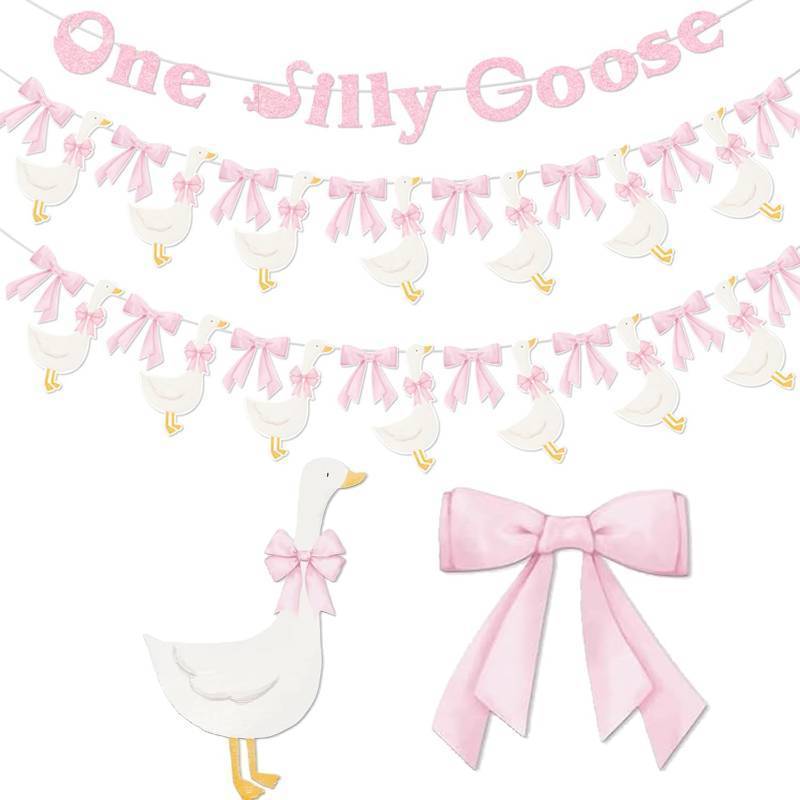lot 18305 image: 3 Set One Silly Goose Banner, One Silly Goose Birthday Decorations Girl Baby Shower themed for Goose Party Decor Supplies(Pink) - Retail $8