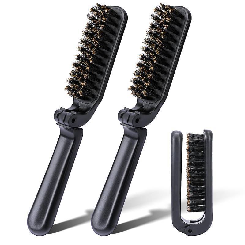 lot 18307 image: 2 Pcs Travel Folding Boar Bristles Hair Brush, Collapsable Pocket Anti-Static Range Mini Beard and Hair Styling Tool for Women and Men (Black) - Retail $8
