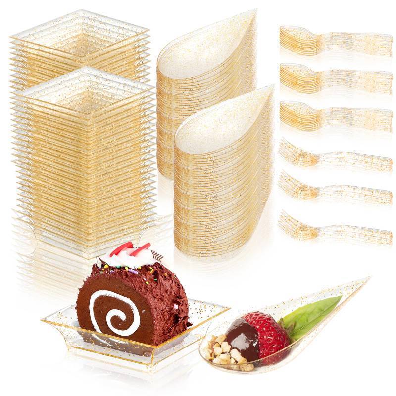 lot 18363 image: 100 Count Gold Mini Appetizer Plates Set - Tear Drop & Square Dessert Plates with Forks & Spoons - Party Serving Tray for Chocolates (Modern) - Retail $27
