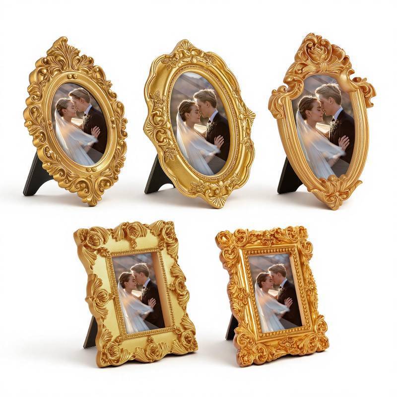 lot 18382 image: 5 Pcs Mini Gold Frames with Backing, Mini Vintage Picture Frame Set Small Baroque Resin Photo Frame for Tabletop, Wall Decor, Bedroom, Living Room (Without Glass) - Retail $18