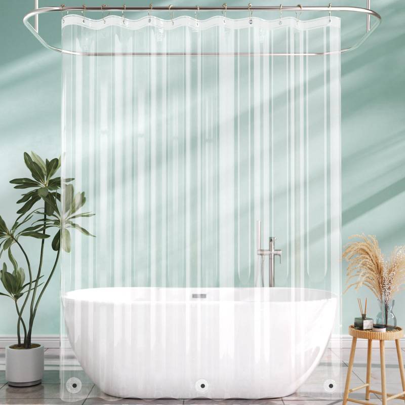 lot 18414 image: Extra Long Shower Curtain Liner 72x108, Clear Shower Curtain Liner Tall, Waterproof Plastic Shower Liner, Washable PEVA Shower Curtain with 3 Magnets and 12 Rustproof Metal Grommets - Retail $12