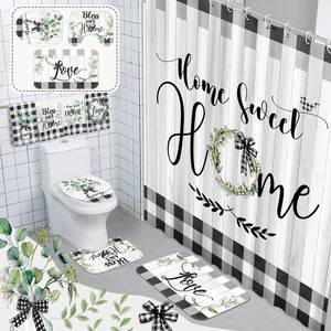 lot 59116 image: 8 Pcs Shower Curtain Bathroom Sets, Black White Rug Plaid Mat - Retail $27