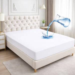 lot 59124 image: Comfort Beddings 100% Organic Cotton Mattress Protector King Size Mattress Cover 250GSM, Waterproof, Fitted Bed Cover Protector with 8-18 Deep Pocket - Retail $35