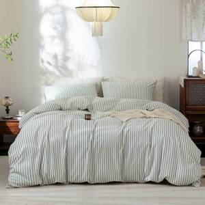 lot 59133 image: Striped Duvet Cover Set 100% Washed Cotton Linen Feel King - Retail $85