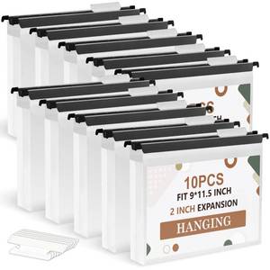 lot 59138 image: 10 Pack Extra Capacity Hanging File Folders Letter Size Plastic File Folder Reinforced Tabs with Heavy Duty 2 Inch Expansion & Black Insert Gasket for Filing Cabinet Durable Hang Folders - Retail $18