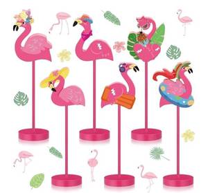 lot 59193 image: 6 Pcs Summer Flamingo Table Centerpiece Tall Standing Sign Decor Set. MISSING 2 STICKS. - Retail $18