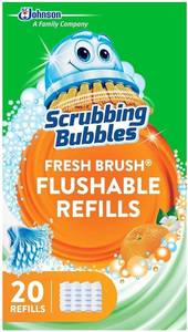 lot 59194 image: Scrubbing Bubbles Flushable Toilet Wand Refills, Fresh Brush Toilet Cleaner Refill Pads, Cleans Limescale & Fights Odors, Citrus Scent, 20 Count. ONE PACK OPENED. - Retail $10