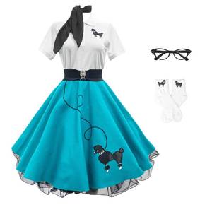 lot 1140 image: Hip Hop 50s Shop 1950s Adult 7 Piece Poodle Skirt Costume Outfit, Teal, M no shirt or shoes - Retail $125