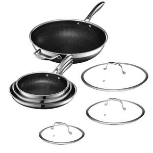 lot 1022 image: HexClad Hybrid Nonstick 7-Piece Pan Set, 8, 10, and 12-Inch Frying Pans with Tempered Glass Lids and 12-Inch Wok, Stay-Cool Handles, Dishwasher-Friendly, Induction Ready, Compatible with All Cooktops - Retail $400