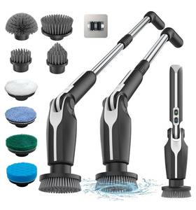lot 1027 image: Leebein Electric Spin Scrubber, Shower Scrubber with 4 Adjustable Angles and 8 Brush Heads, Electric Scrubber with Long Handle & Remote Controller, Cleaning Brush for Bathroom, Tub, Floor (Black) - Retail $44