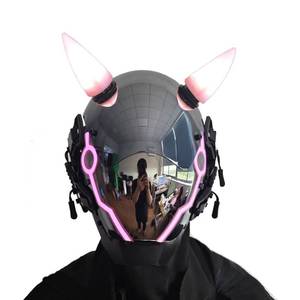 lot 1111 image: KYEDAY Punk Mask for Men, LED Ox horn Mask,Futuristic Punk Techwear, Cosplay Halloween Fit Party Music Festival Accessories (pink) - Retail $60
