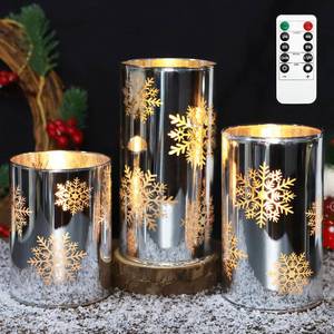 lot 1126 image: Crystal Club Christmas Flameless Candles with Remote, Set of 3, Snowflake Plating Battery Operated LED Candles, Glass Effect Pillar Candle Flickering with Remote for Home Decor - Retail $31