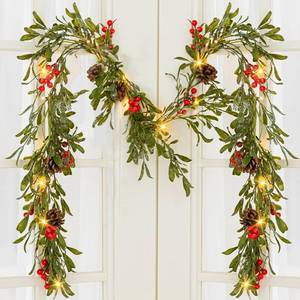 lot 1133 image: 6.6FT Lighted Christmas Garland Prelit with 20 Led Lights, Flocked Garland Decorated with Pine Cones, Red Berry, Battery Operated with Timer for Mantle Stairs, Indoor Outdoor Decorations - Retail $21