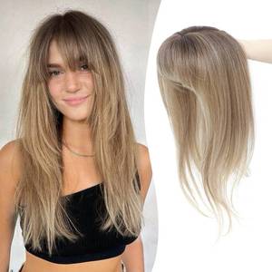 lot 125 image: Ms Taj 18 Inch Hair Topper with Clip in Bangs, Synthetic Fluffy 4x5 Layered Straight Toppers for Women, 360° 3D Cover Bangs Hairpiece for Thinning Hair(Natural Blonde with Dark Root) - Retail $35