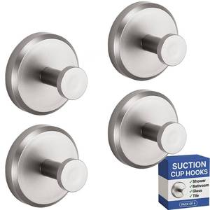 lot 139 image: HOME SO Suction Cup Hooks for Shower & Bathroom Towel 4-Pack Brushed Nickel - Retail $22